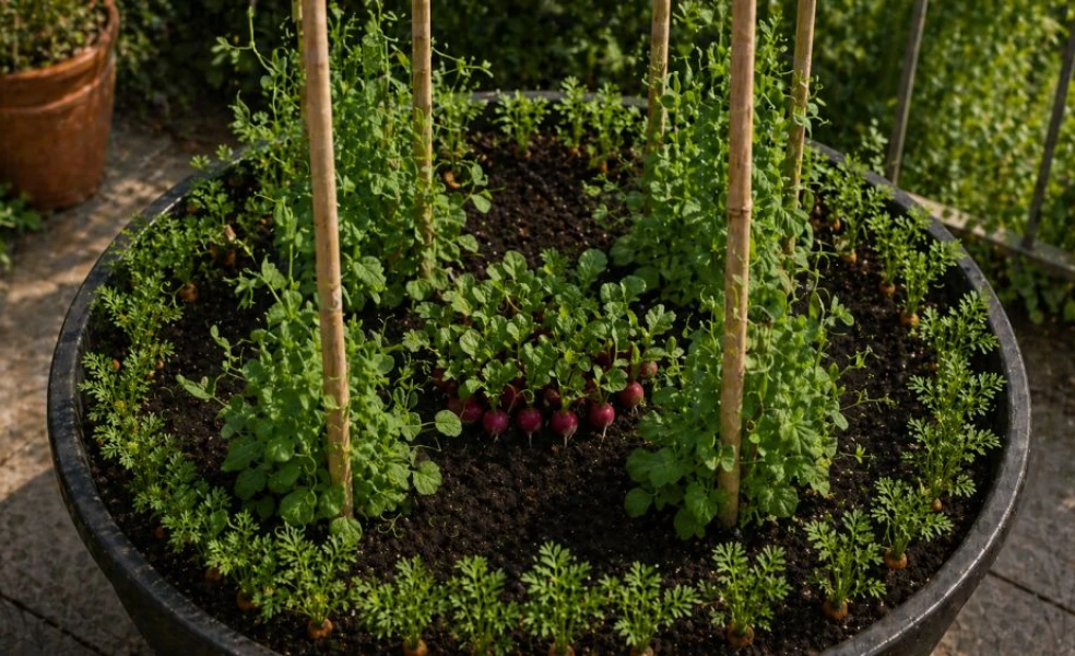 pestovanie zeleniny v jednom kvetináči hrach mrkva reďkovky balkón