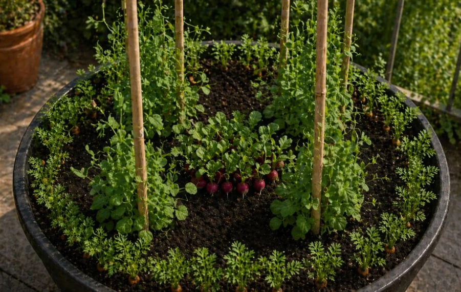 pestovanie zeleniny v jednom kvetináči hrach mrkva reďkovky balkón