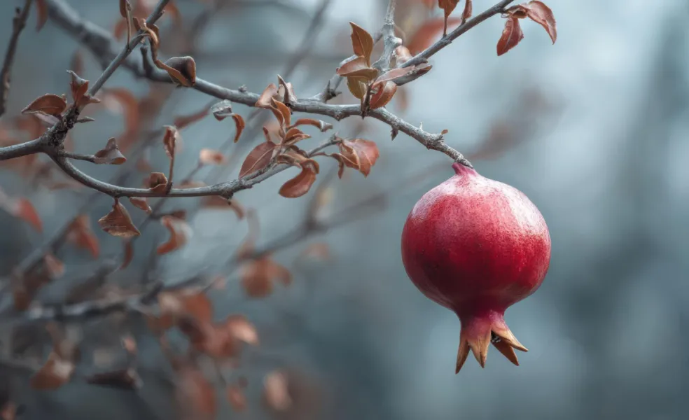 Granátovník púnsky (Punica granatum) s dozretým červeným granátovým jablkom na konári a suchými jesennými listami – pestovanie a zazimovanie granátovníka v záhrade.